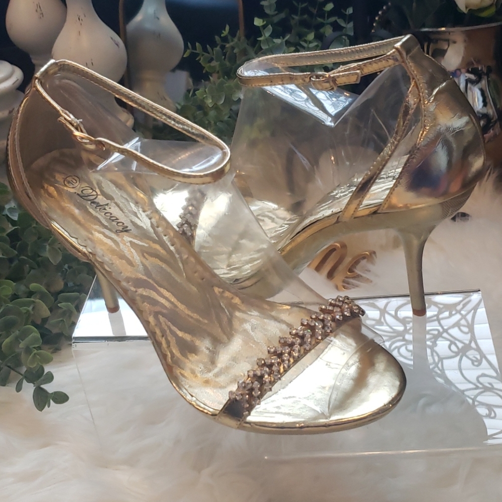 Delicacy Rhinestones Gold Tone Strappy High Heel